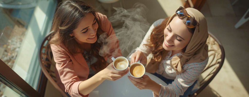 Vogelperspektive von zwei Frauen, eine mit Kopftuch, die bei einem sonnigen Treffen im Rahmen des 3x3-Projekts mit Kaffeetassen anstoßen und gemeinsam lachen.